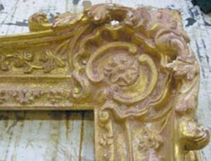 A close up of a corner ornament shows the final result of creating this wonderful patina with soda wash and pink dust.